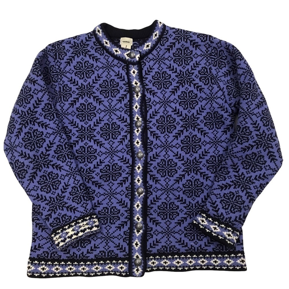 Vtg LL Bean Women Medium Purple Black Metal Button Fair Isle Snowflake Cardigan - Picture 8 of 12